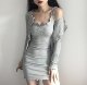 SUP sweet or salty suspender skirt suit fungus edge V-neck slim waist a-line dress short cardigan two-piece set