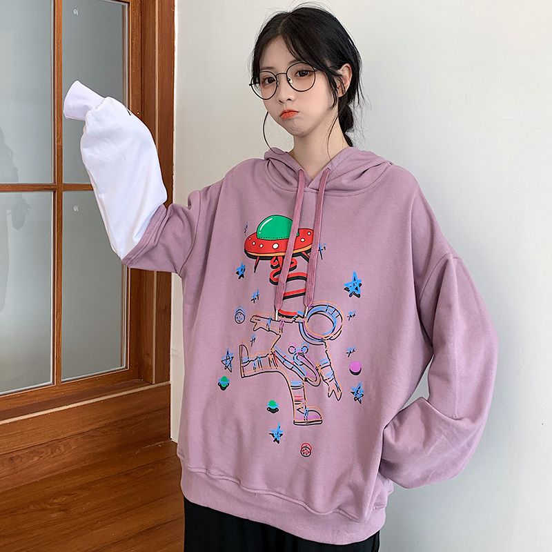 Real shot of 2021 spring new hooded sweater women's Korean Edition stitching loose large cartoon printing long sleeve student trend