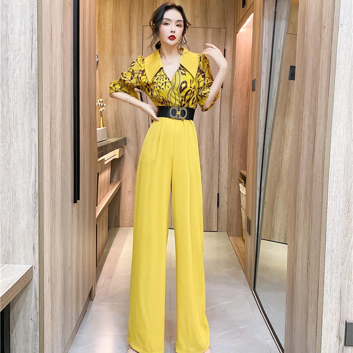 2026 Summer New French Style Chic Lapel Printed Patchwork Trendy Wide-Leg Jumpsuit Women's Clothing