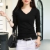 Quần áo thu đông 2018 mới áo sơ mi trắng mới tay nữ áo thun dài tay Slim cotton cotton cổ chữ V hoang dã từ bi