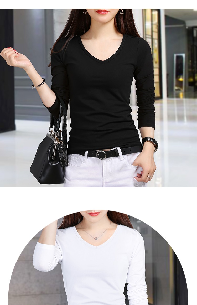 Quần áo thu đông 2018 mới áo sơ mi trắng mới tay nữ áo thun dài tay Slim cotton cotton cổ chữ V hoang dã từ bi áo polo nữ form rộng có cổ
