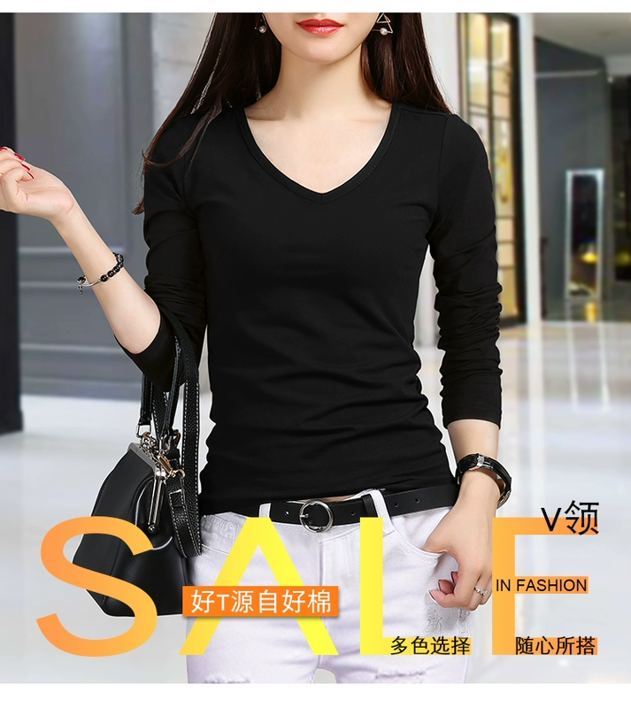 Quần áo thu đông 2018 mới áo sơ mi trắng mới tay nữ áo thun dài tay Slim cotton cotton cổ chữ V hoang dã từ bi