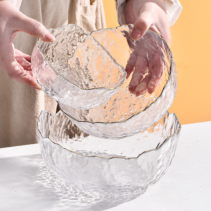 Transparent Glass Bowl, Salad Bowl, High-Quality Fruit Plate, Dessert Soup Bowl, Japanese-Style Gold-Rimmed Tableware, Bowl and Plate Set for Home Use
