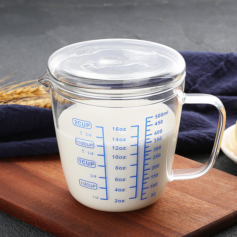 High temperature resistant glass measuring cup children's milk cup with scale microwave oven household kitchen measuring cup scale cup with lid