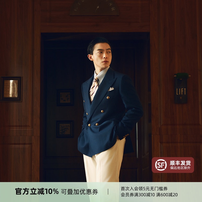 【100% Wool】Flat Round Square Mid-Length Blazer Suit with Gold Buttons, Double-Breasted Men's Navy Blue Single Blazer Jacket