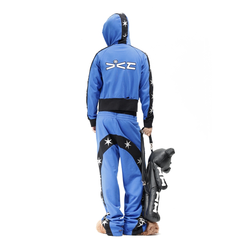 Vanguardia "Star Track" Royal Blue Street Sports Pure Cotton Star Slim-Fit Short Hooded Sweatshirt