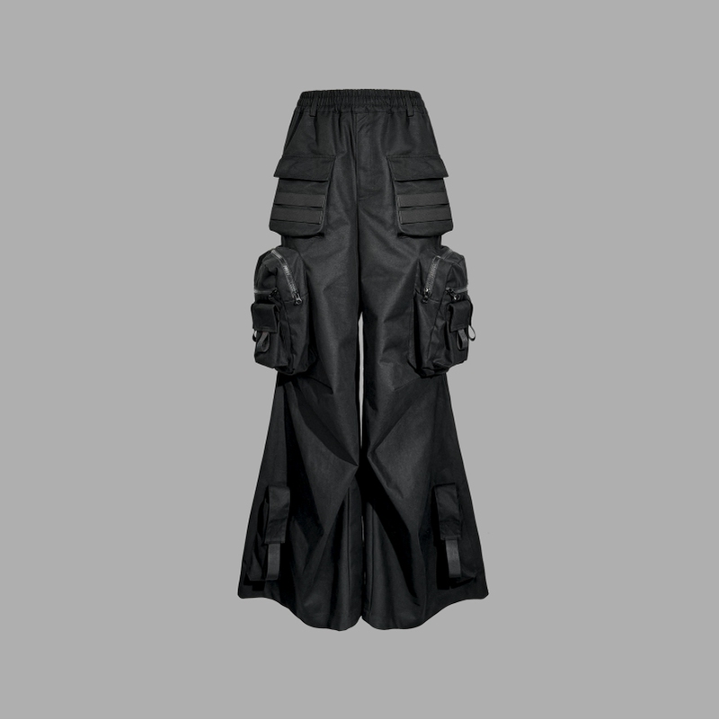 Vanguardia Zhang Guiyuan's Same Style Avant-Garde Functional Fashion Black Nylon Multi-Pocket Loose Cargo Pants