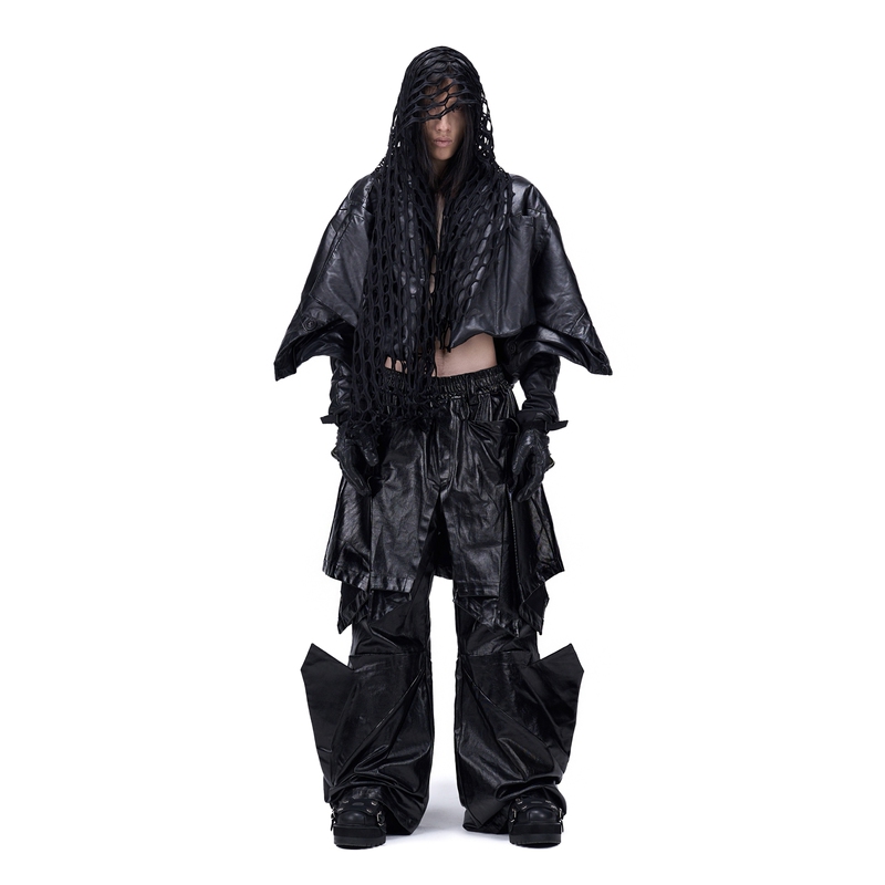 Vanguardia Blade: Avant-Garde Designer's Dark Two-Piece Faux-Coated Denim Deconstructed Skirt Pants with Slight Flare and Umbrella Shape