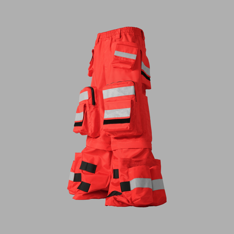 Vanguardia Avant-Garde Designer Red Nylon Functional Silhouette Fire Reflective Strip Pocket Cargo Pants