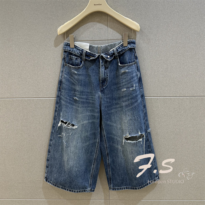High-Waisted Ripped Street-Style Personality Denim Capri Pants European Summer Versatile Slimming Straight-Leg Vintage Casual Pants