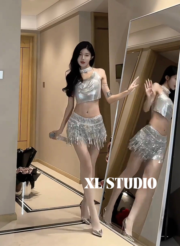 Halter Neck Metallic Rhinestone Bling Short Crop Top + High-Waisted Sequin Shorts Fashion Set for Performances and Nightclubs Halter Neck Metallic Rhinestone Bling Short Crop Top + High-Waisted Sequin Shorts Fashion Set for Performances and Nightclubs