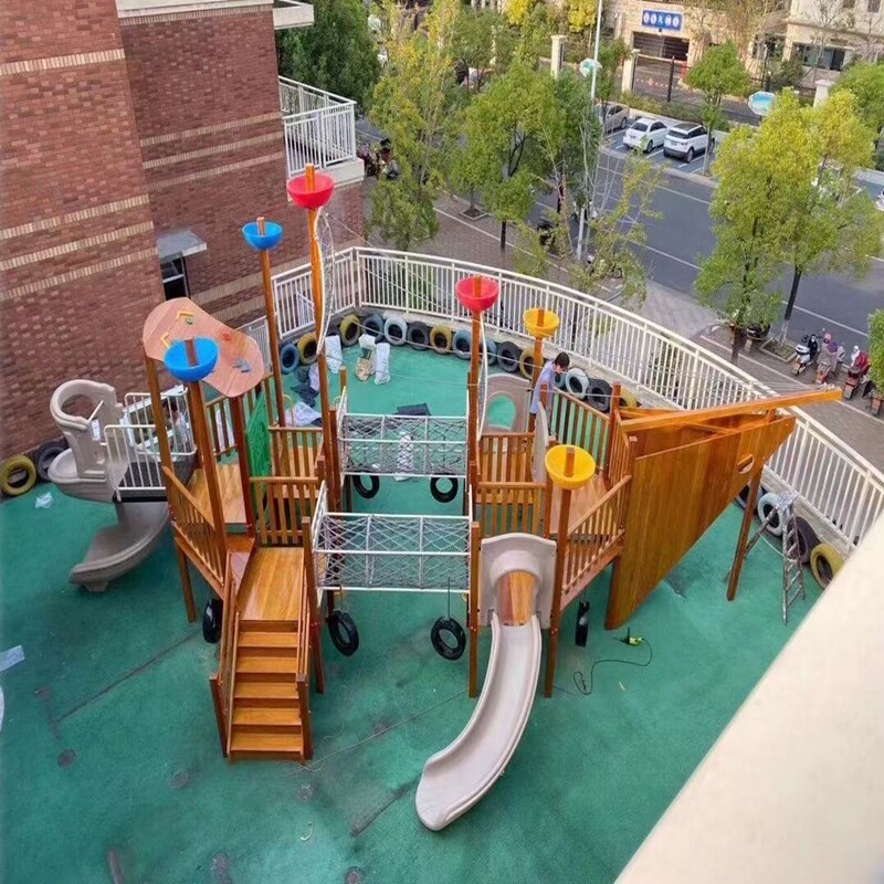 Outdoor children wooden swing combination slideoutoutdoor large wooden pirate boat tree house toys