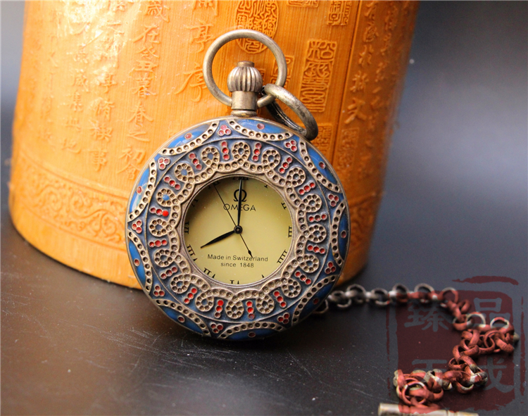 Vintage cloisonné Romanji plate pure copper silver plated vintage clockwork winding double open mechanical pocket watch film and television props