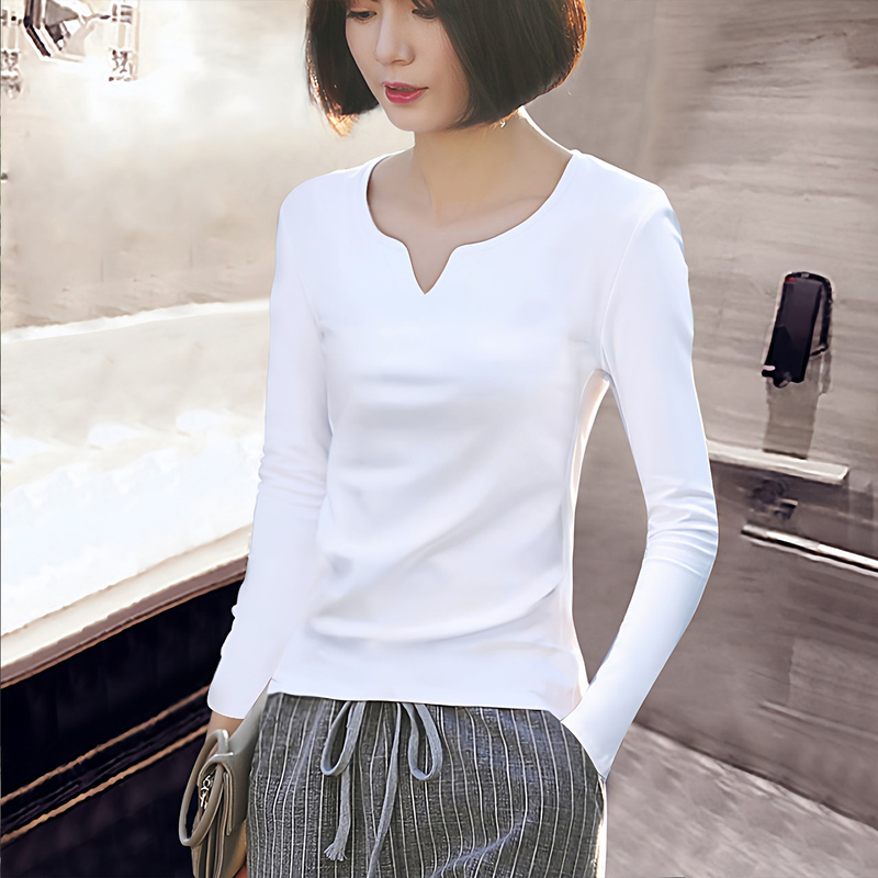 White Long-Sleeve T-Shirt for Women, Slim-Fit Base Layer, Suitable for Layering, Spring and Autumn 2026 New Style, Unique Design, Small V-Neck Top