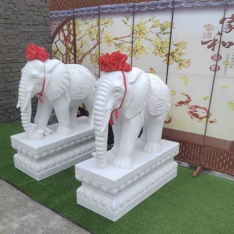 Stone Carved Pair of Elephants, Small White Marble Elephants, Natural Bluestone, Home Decoration for Attracting Wealth, Water-Absorbing Elephant Stone Ornaments for the Entrance