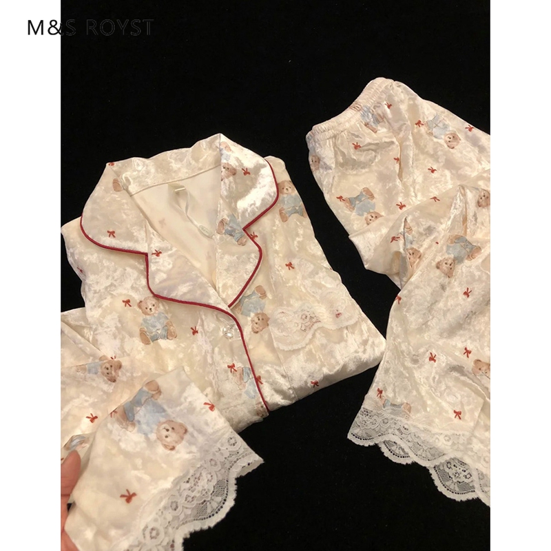 Victoria Velvet Pajamas for Women, Autumn 2026 New Style, Summer Cartoon Bear Design, Can Be Worn Outside, Loungewear Set