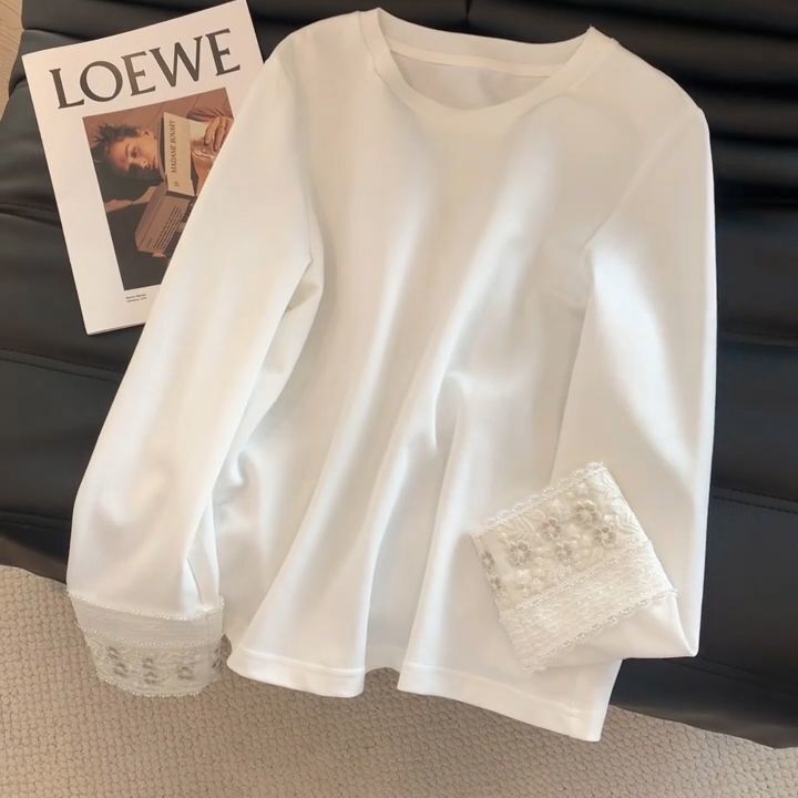 New Chinese-Style Lace-Trimmed White Base Layer Shirt for Women, 2025 Spring New Model, High-End Long-Sleeve T-Shirt