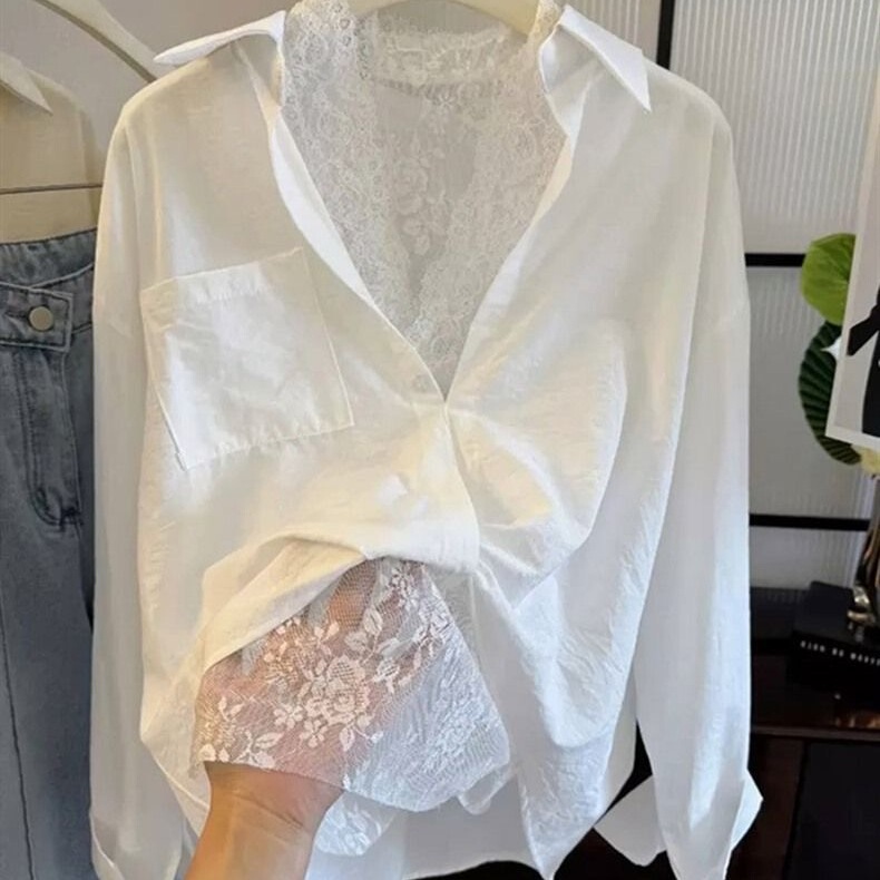 French Lace White Shirt for Women, 2025 Spring New Design, Niche Style, Opera Shirt, Layered Look, Elegant Top