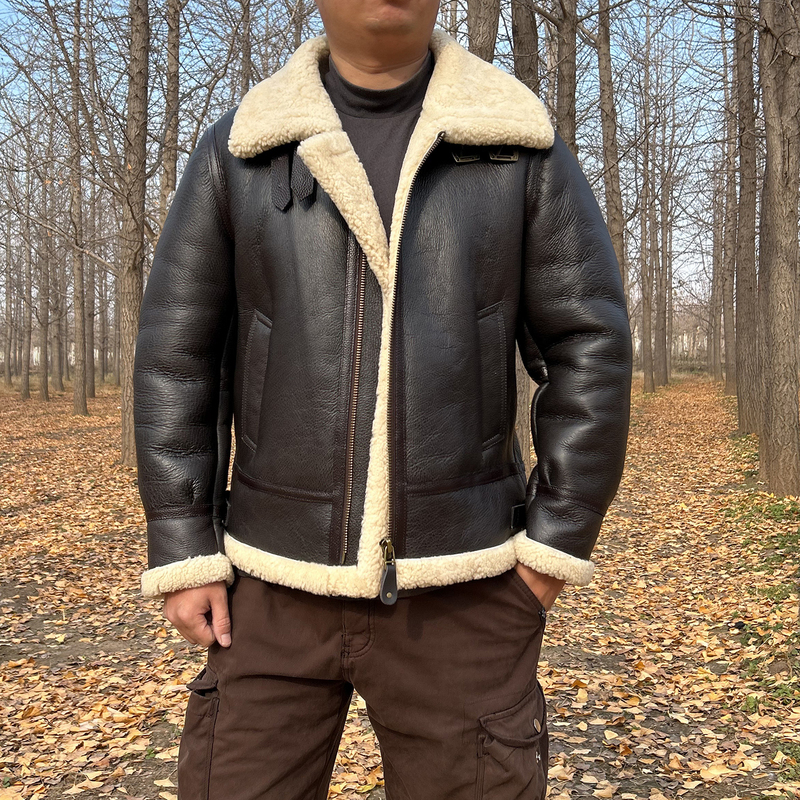 American Retro Natural Sheepskin Integrated B3 Flight Suit Men's Winter Warm Genuine Leather Jacket