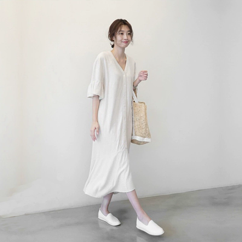 Văn học và tươi mát của phụ nữ mùa hè phong cách mới cổ chữ V năm điểm tay áo rộng rãi cỡ lớn A-line váy dài giữa cotton và váy lanh phụ nữ - A-Line Váy