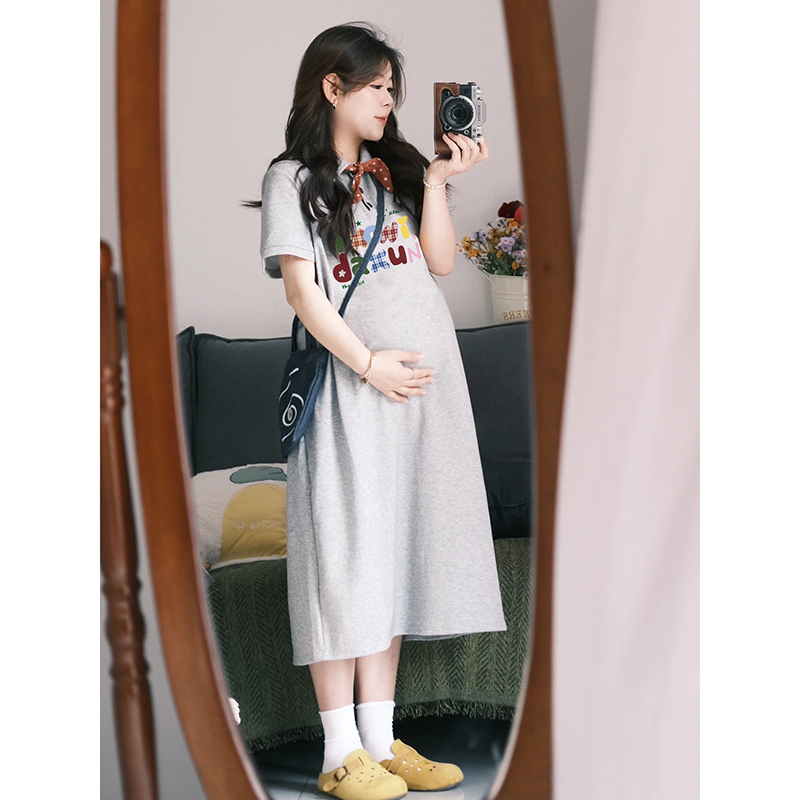 Pure Cotton Maternity Dress, Summer Loose Mid-Length Dress for Petite Women, Over-The-Knee Length, Belly-Covering during Pregnancy, Pure Cotton Short-Sleeved Dress