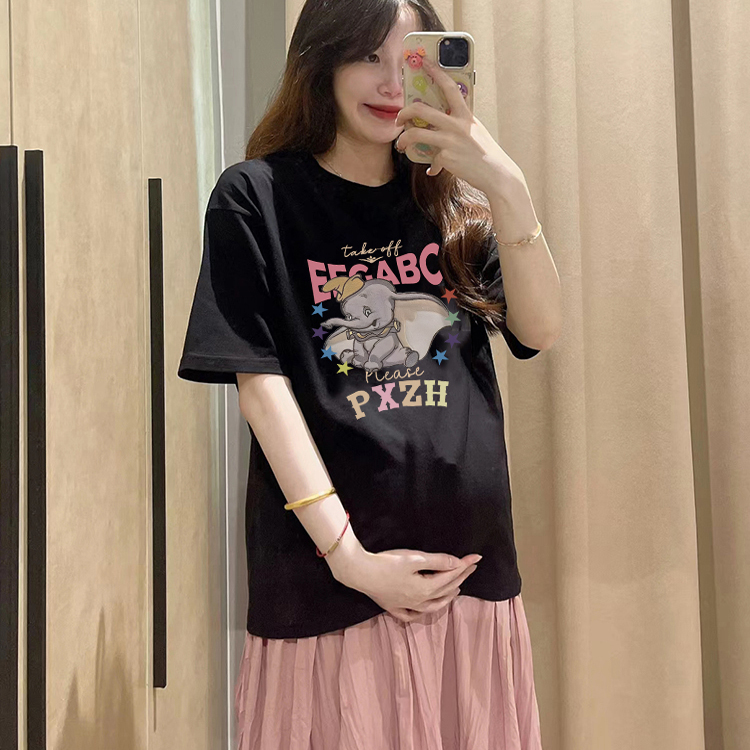Maternity T-Shirt, Summer Thin Style, Loose Half-Sleeve, Black Drop Shoulder, Pure Cotton Short-Sleeve, Maternity Top That Covers the Belly Without Showing Pregnancy