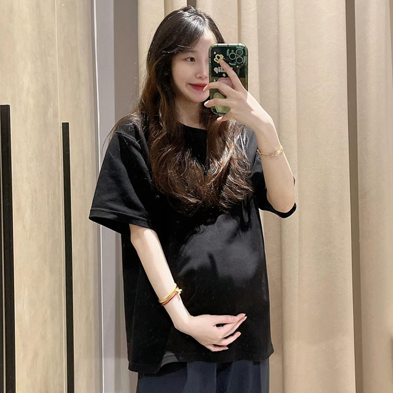 Maternity T-Shirt, Summer Pure Cotton, Versatile, Simple, Korean Style, Mid-Length, Short-Sleeved, Maternity Top That Covers the Belly Without Showing Pregnancy, T-Shirt