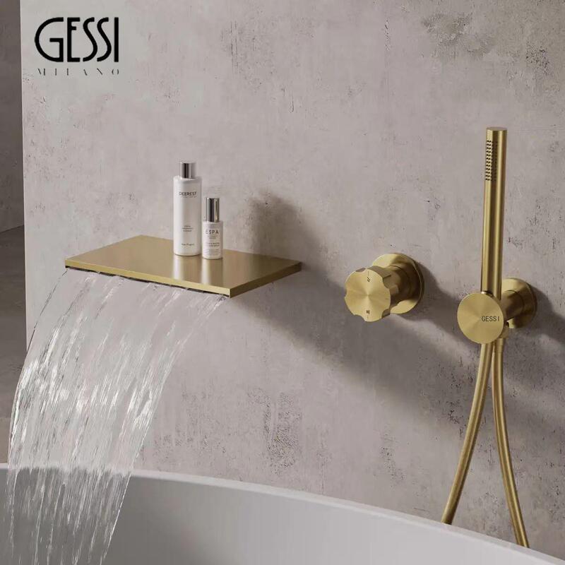 Italian Gessi Concealed Bathtub Faucet Shower Embedded Wall Waterfall Faucet Copper Nickel Brushed Rose Gold