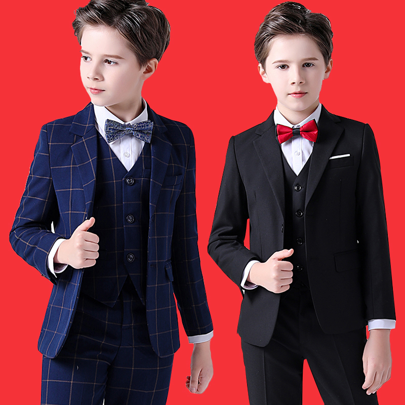 Boy's small suit suit suit autumn and winter dress British handsome spring and autumn flower boy baby plus velvet children's suit three-piece suit