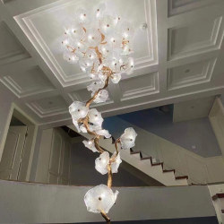 Rotating Staircase Chandelier with a Zen-Inspired, Light Luxury, High-End Design, All-Copper, New Chinese-Style Villa Living Room Lotus Leaf Lamp