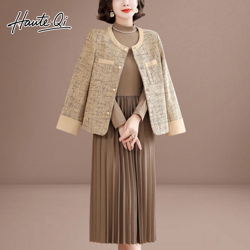 Hauteqi Light Luxury New Style Elegant Lady Exquisite Mom Autumn and Winter Dress Set Slimming Stylish Two-Piece Set for Women