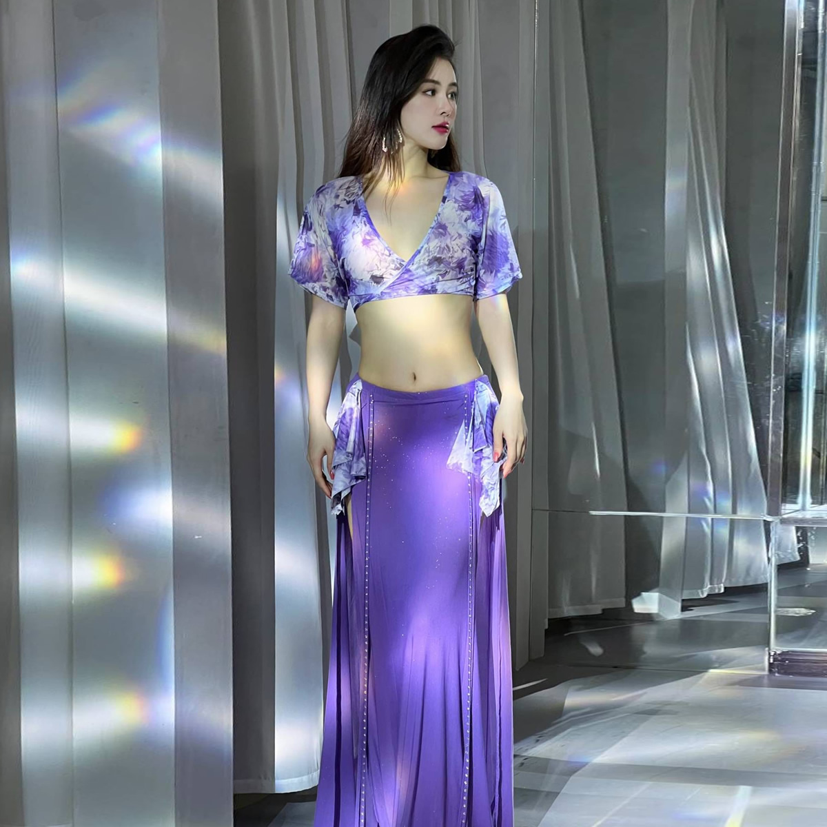 Dancer Original small crowddesign belly dance dress 2023 new summer printed web yarn Rehearsant Suit Class-Taobao