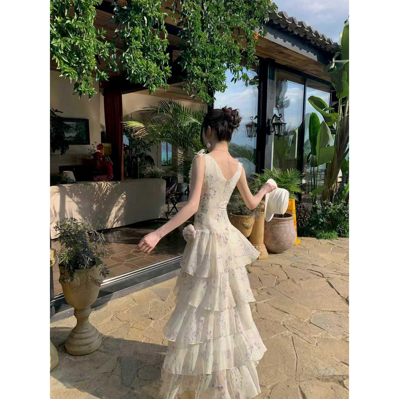 Good Job【Love Like a Bouquet】French-Style Purple Floral Dress for Women, Summer Irregular Long Dress with a Train