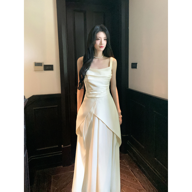 Gjfd【Orchid】French-Style Satin Slip Dress for Women, High-End Pleated Irregular Waist-Cinching Slimming Long Dress Gjfd【Orchid】French-Style Satin Slip Dress for Women, High-End Pleated Irregular Waist-Cinching Slimming Long Dress
