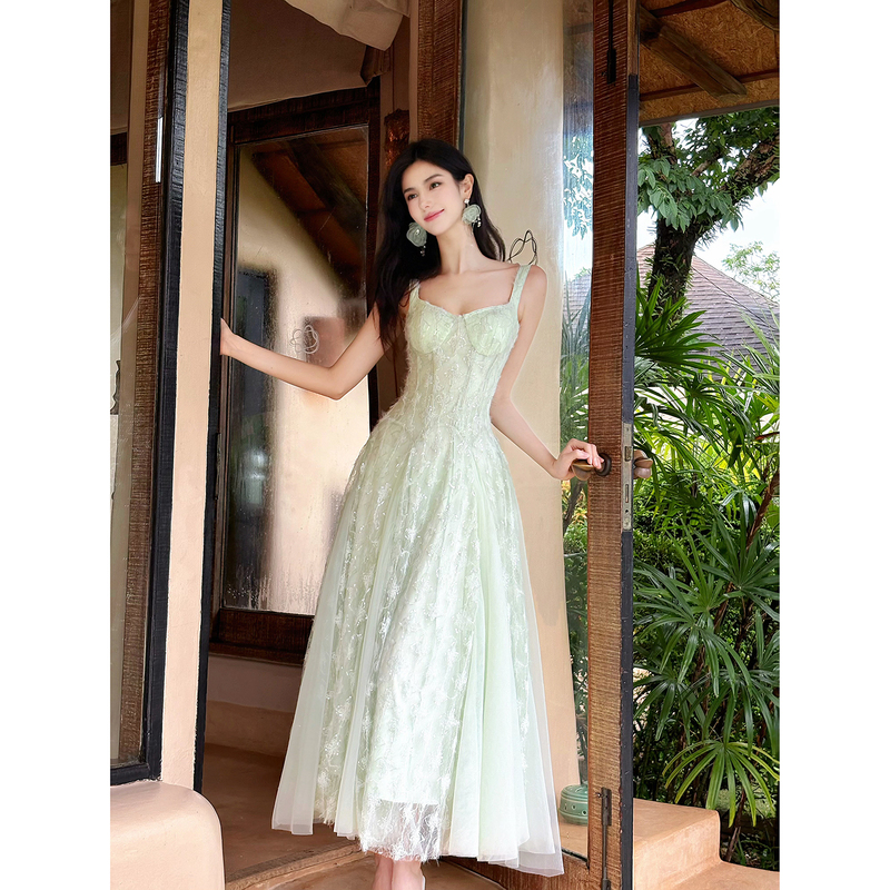 Good Job【Flowing Light】Sequin Lace Green Tulle Strap Dress Thai Dopamine Dress Long Dress