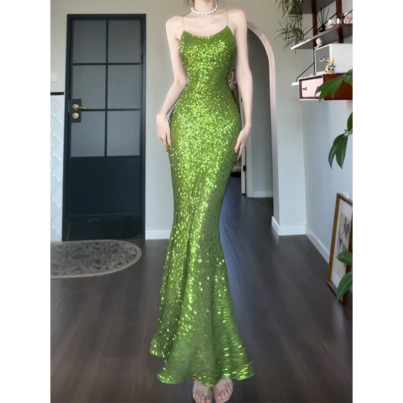 Good Job【Green Light】Light Luxury Sequin Evening Dress for Women, High-End and Elegant Birthday Dress, Spaghetti Strap Dress Good Job【Green Light】Light Luxury Sequin Evening Dress for Women, High-End and Elegant Birthday Dress, Spaghetti Strap Dress