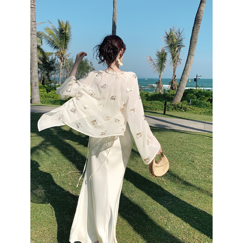 Good Job【Wind-Blown Gardenia Fragrance】French-Style Heavy Sequin Chiffon Shirt with Summer Lace-Up Mesh Shawl for Women