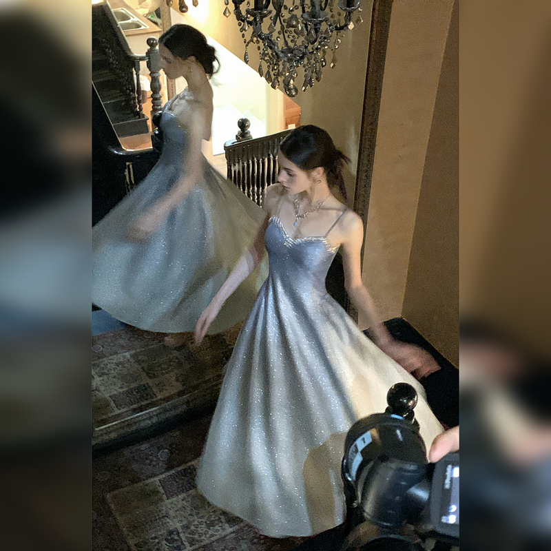 Gjfd【Blue Tears Sand】French-Style Heavy-Duty Diamond-Embellished Spaghetti Strap Dress, Light Luxury, Shimmering, Banquet, Birthday Dress