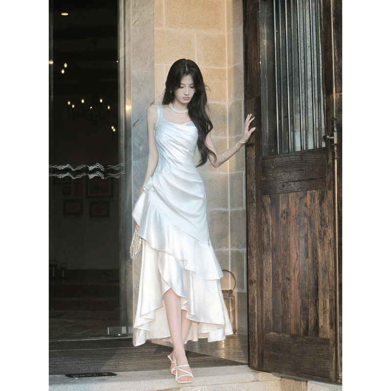 Good Job【Beloved Prologue】French Satin White Dress Women's Spaghetti Strap Irregular Fishtail Long Dress