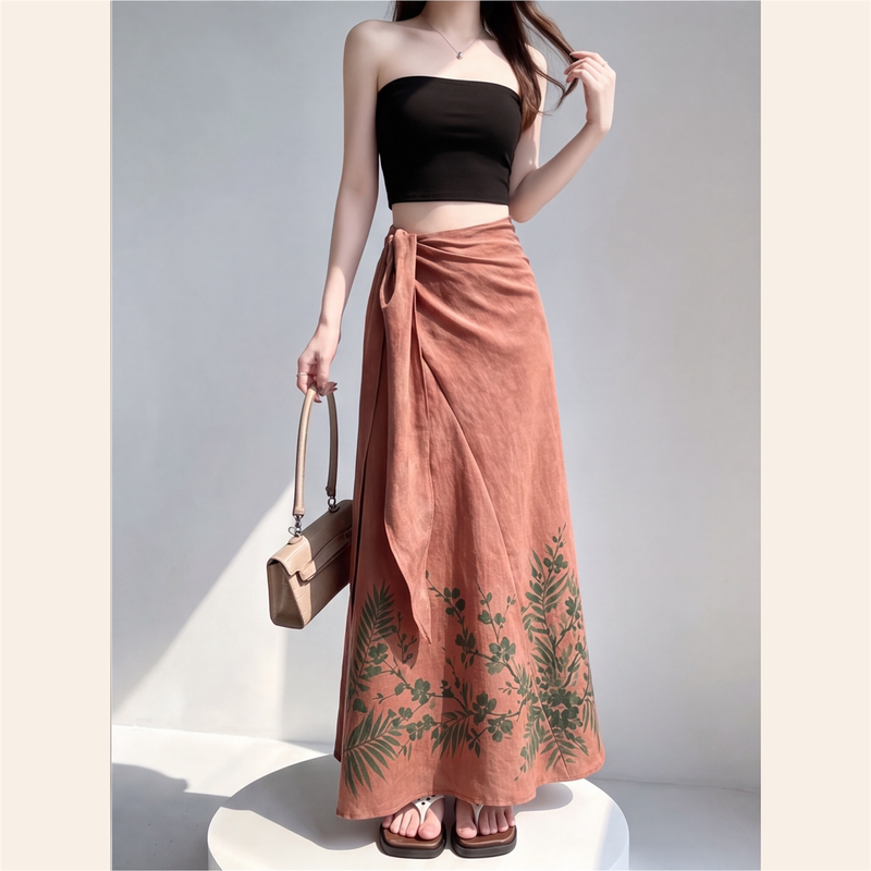 2026 Summer and Autumn New Vintage Print Lace-Up A-Line Long Skirt for Women, High Waist, Slimming, Draped Skirt for Commuting Outfits