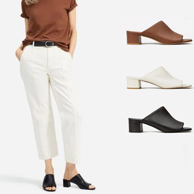 Everlane Fish-Mouth Chunky High-Heeled Leather Sandals 2026 Summer Slip-On Slippers for Women, Lazy Outdoor Mules