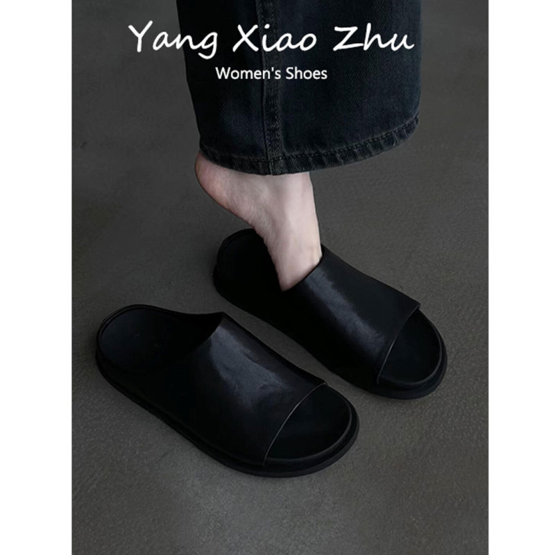 Cowhide Version ~ Retro Simple Thick-Soled Flip-Flops for Women, Suitable for Summer Outdoor Wear, Flat-Soled, Everyday Vacation Style, Comfortable and Non-Tiring Sandals