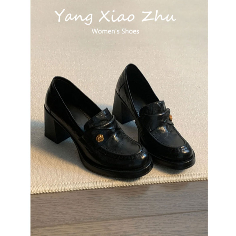 Sheepskin Version~ British Style Camellia Small Leather Shoes for Women 2025 New Black Retro Chunky Heel High Heel Loafers