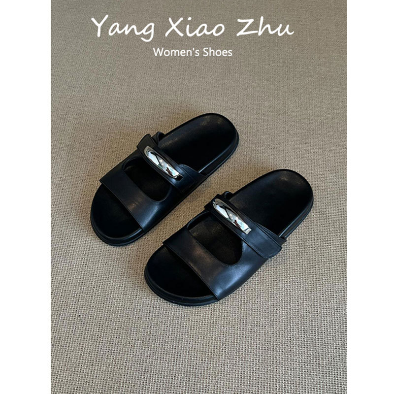 Cowhide Version~ French-Style Metal Buckle Flip-Flops for Women 2025 New Summer Thick-Soled Beach Shoes with Velcro Straps