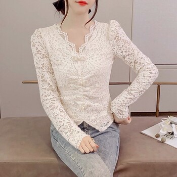 ເສື້ອເຊີດກະໂປງ lace ລະດູໃບໄມ້ປົ່ງ ແລະ ລະດູໃບໄມ້ຫຼົ່ນສຳລັບຜູ້ຍິງປີ 2025 ເສື້ອຍືດຄໍ v-neck pleated temperament ຂະໜາດນ້ອຍທີ່ມີແຂນຍາວແຟຊັ່ນ