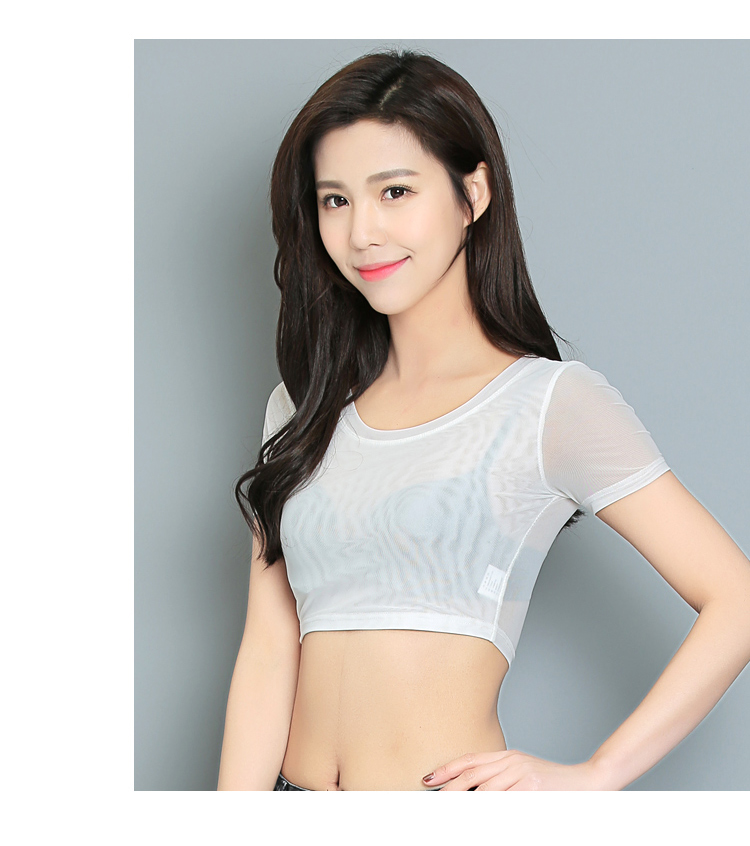 Mùa xuân 2017 hè mới nửa đáy áo sơ mi nữ tay ngắn phần mỏng gạc lưới ngắn gạc áo thun cổ thấp bên trong áo nhỏ áo phông ngắn tay