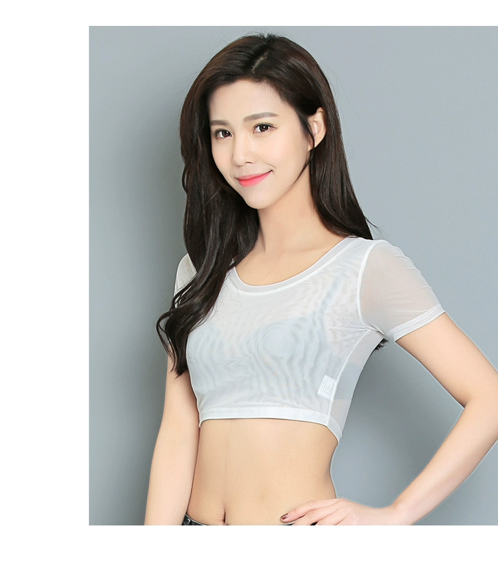 Mùa xuân 2017 hè mới nửa đáy áo sơ mi nữ tay ngắn phần mỏng gạc lưới ngắn gạc áo thun cổ thấp bên trong áo nhỏ