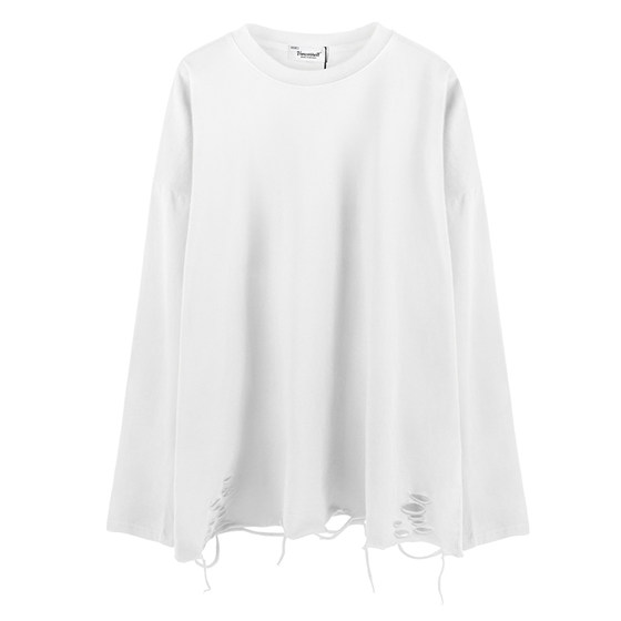 Long-sleeved T-shirt bottoming shirt with holes in the hem, white autumn and winter top, American high street boys' sweatshirt with solid color underneath