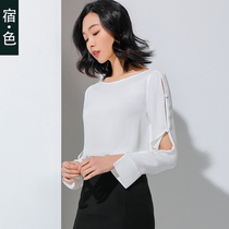 Shu · Color shoulder chiffon jacket spring and summer new chiffon shirt female horn sleeve Han fan foreign style OL shirt