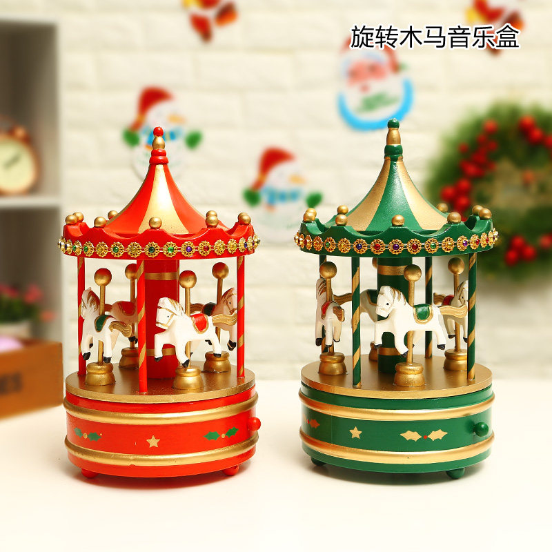 Mini rotating Trojan Horse clockwork Music box Christmas decorations cute Desktop Pendulum Pieces Creative Wooden Children Presents